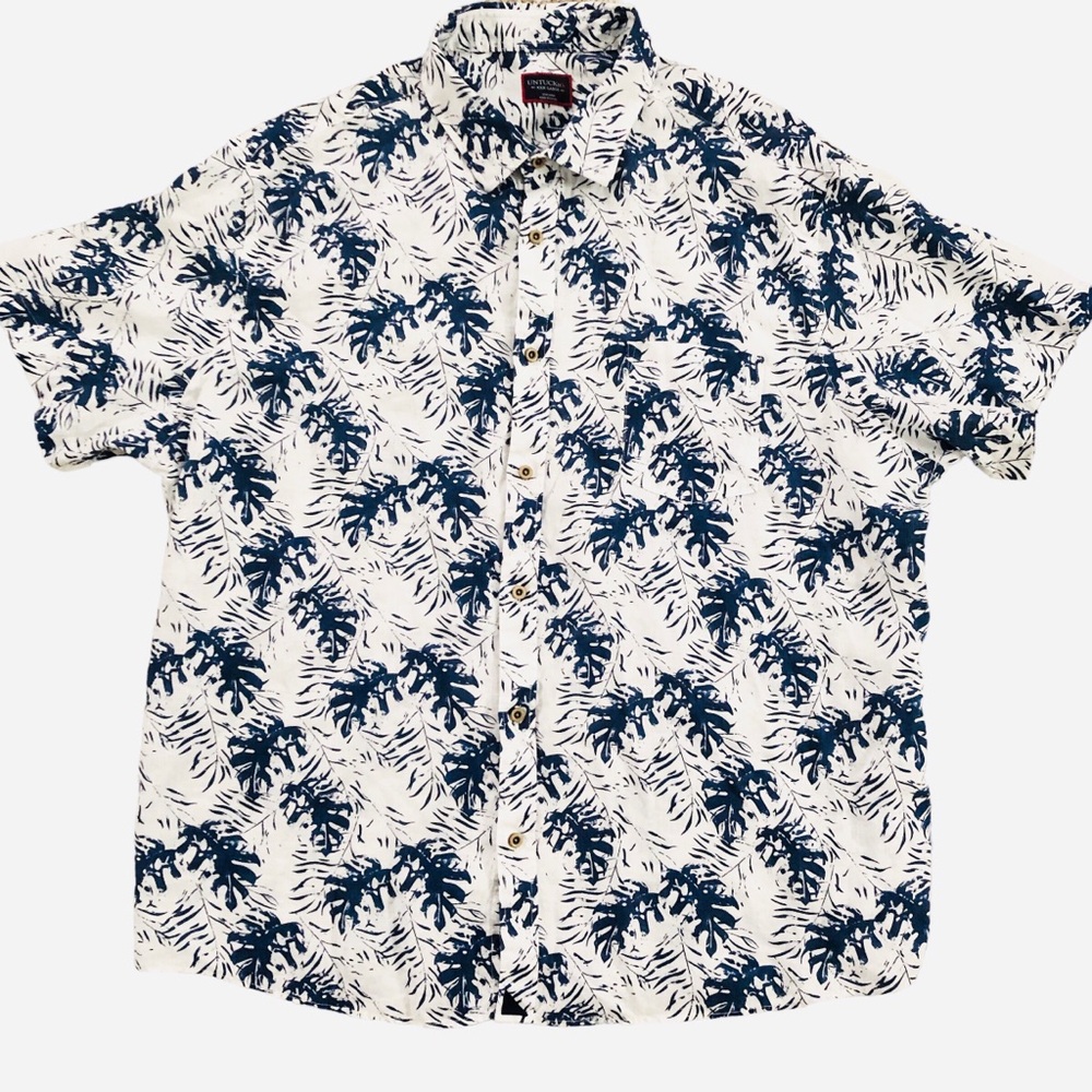 UNTUCKit Mens Davit XXXL 3XL 100% Linen Shirt Blue Tropical Print Button Down